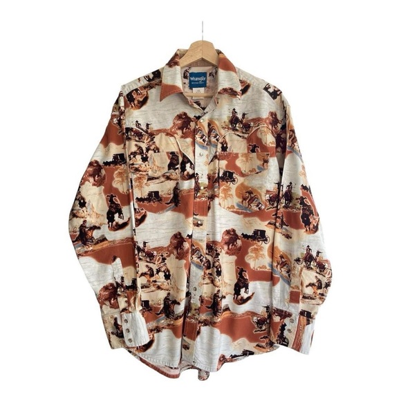Vintage Men’s Wrangler Western Shirt Long Sleeve Pearl Snaps Cowboy Horse Print - Picture 7 of 8